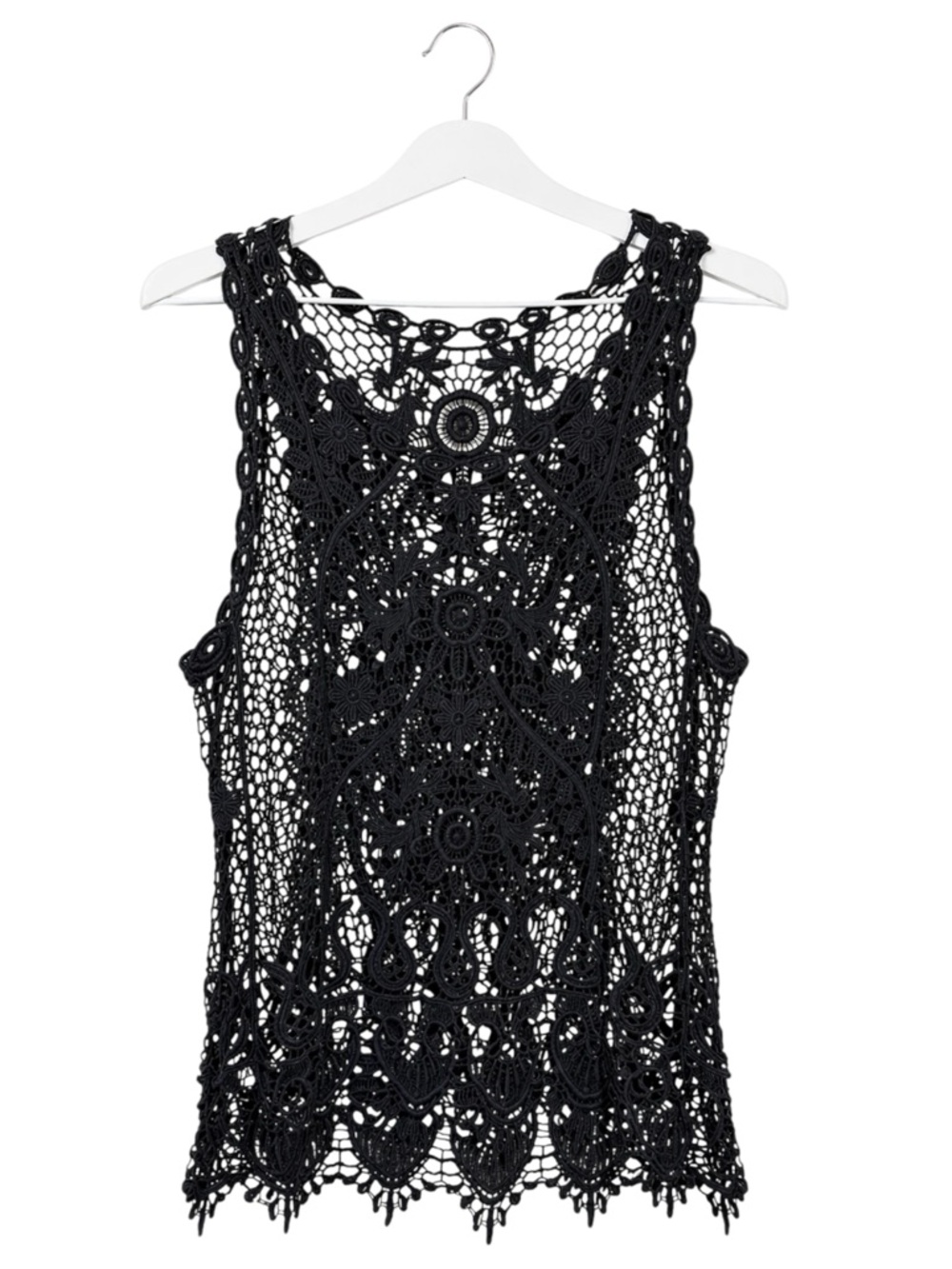 Womens Black Crochet Lace Tank Size Medium Festival Boho Grunge Floral Layering‎